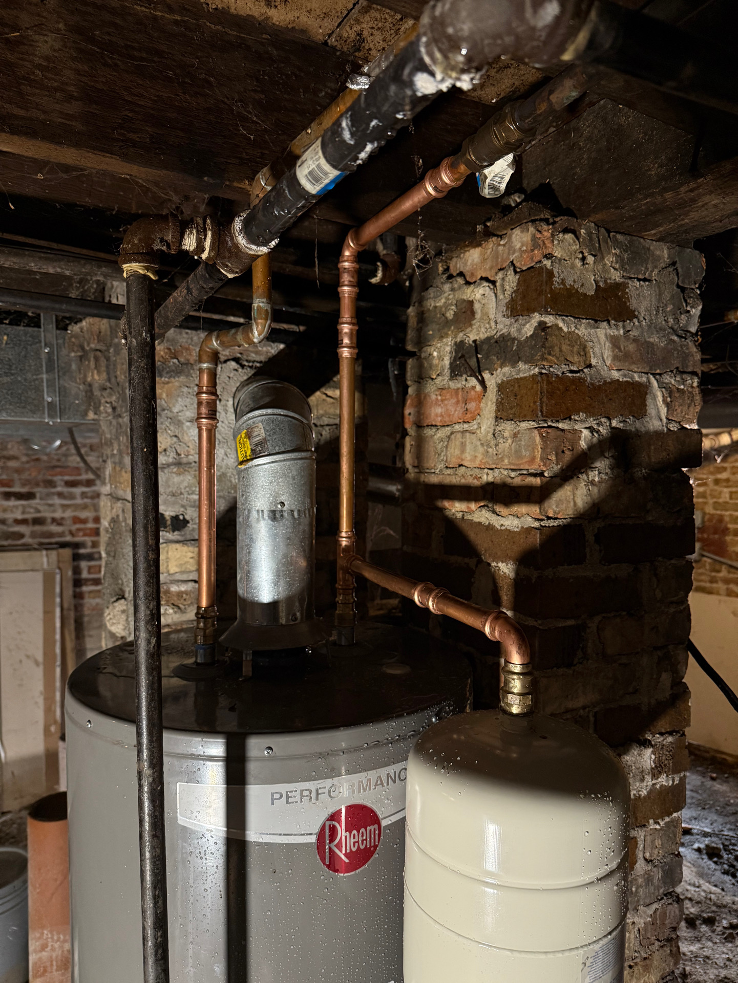 Commercial water heater with new copper supply lines and expansion tank